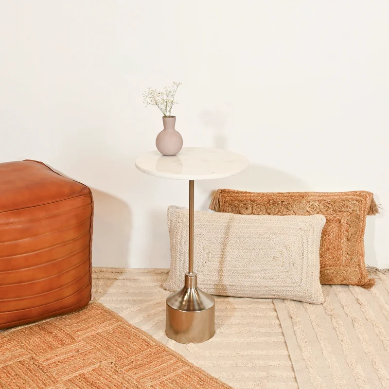 Home Carving Round Side Table White Nickel
